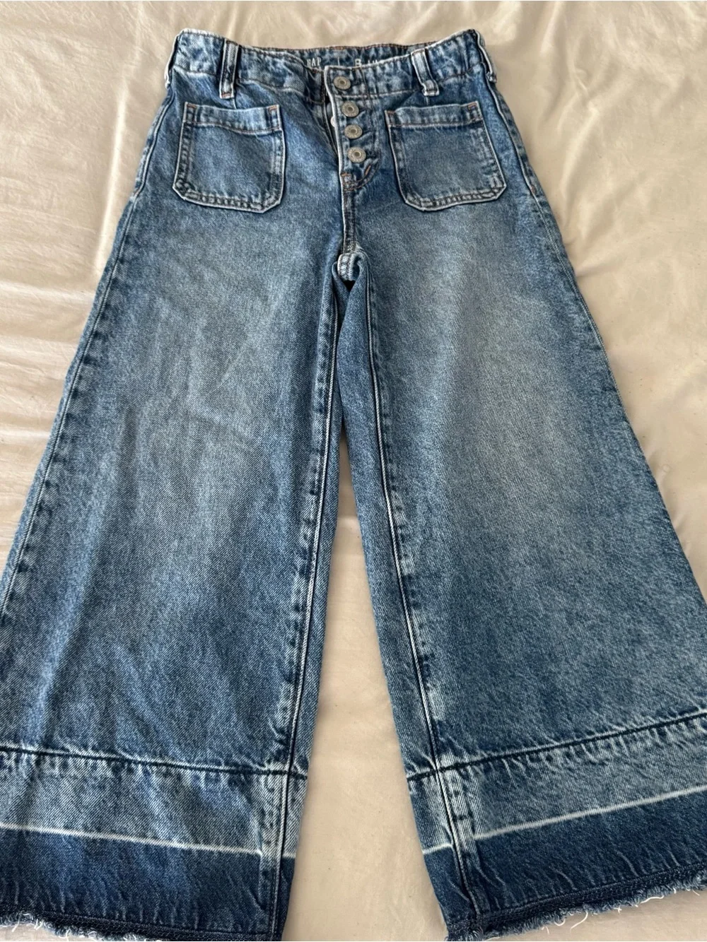 Gap Kids High Stride Wide Leg Jeans Girls Size 8 Button Fly Raw Hem Ankle